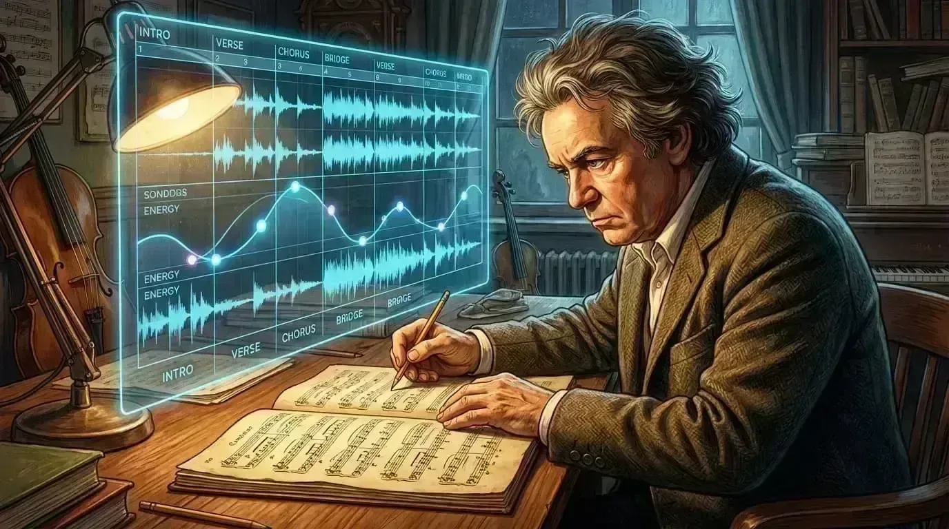 클래식 악보와 현대 DAW 타임라인이 혼합되어 악보와 오디오 에너지를 연결하는 구조 맵을 보여주는 이미지