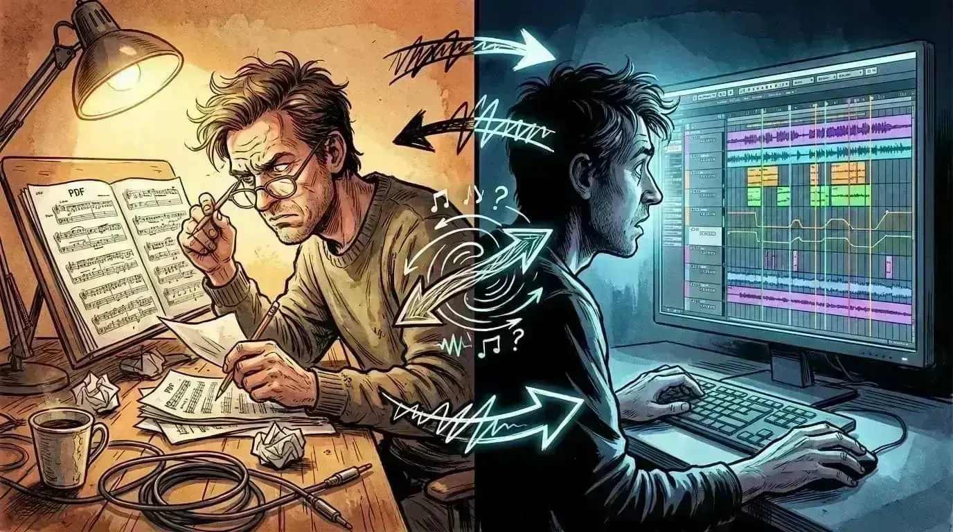 PDF 악보와 DAW 타임라인 사이를 오가는 마찰을 보여주는 화면과 마커