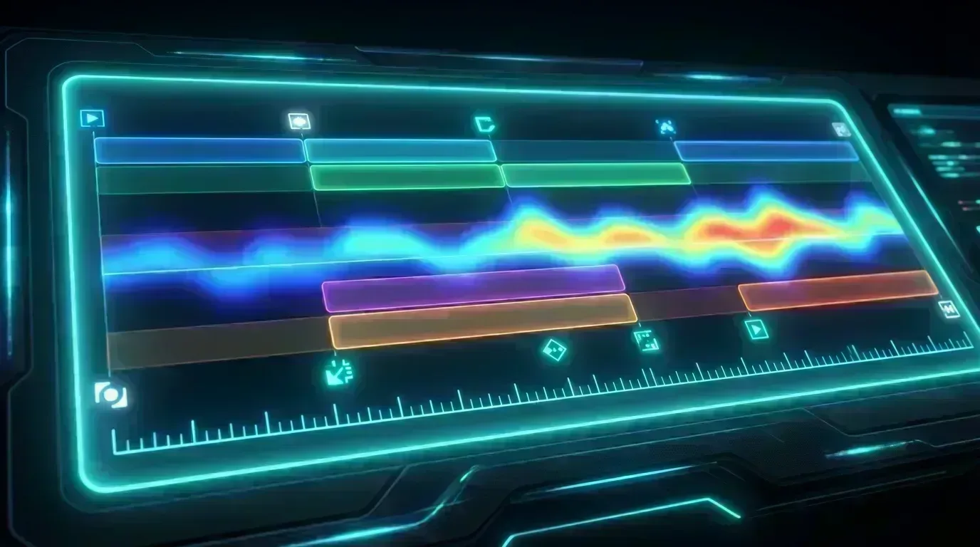 트랙 전체에 걸쳐 레이블이 지정된 섹션, 조바꿈, 에너지 밴드가 있는 AI 생성 타임라인